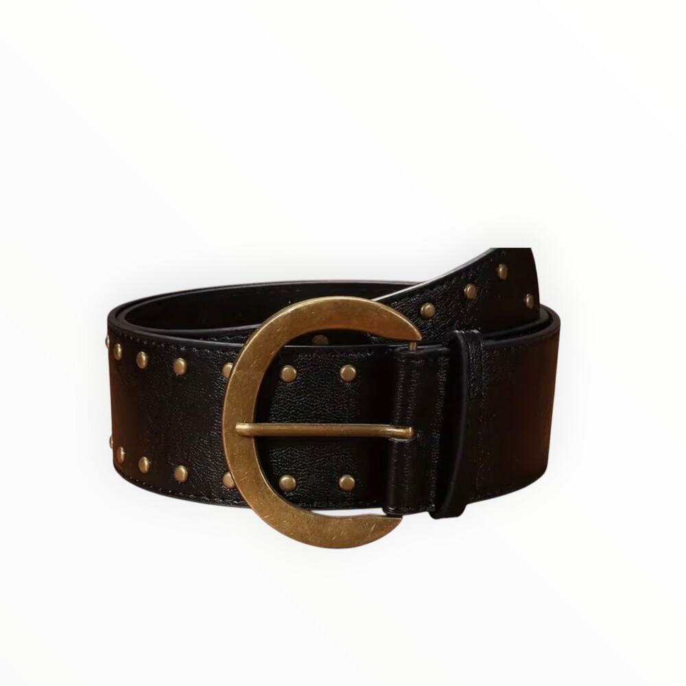 Black Wide Faux Leather Studded Belt Antique Gold Buckle Western Inspired Boho